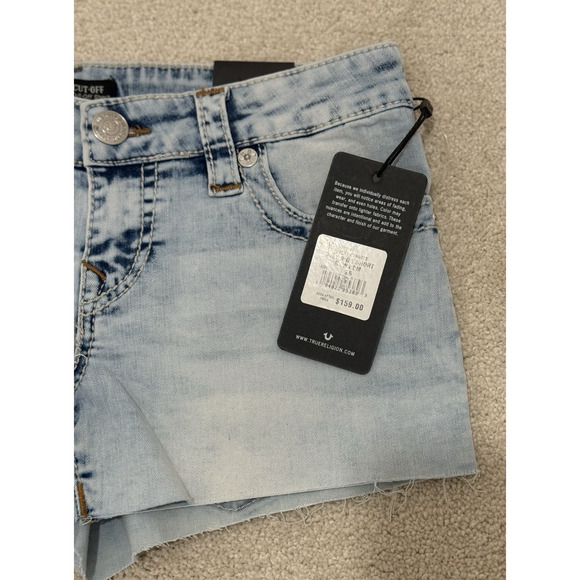 True Religion Joey Big T Short Raw Hem Low Rise Distressed Denim Women's Size 26 - Picture 5 of 11